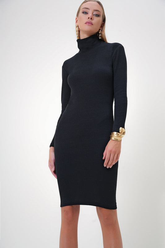 Trend Alaçatı Stili Women's Black Camisole Turtleneck Dress ALC Women