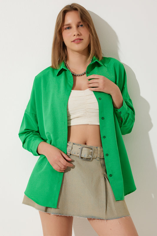 Happiness İstanbul Women's Dark Green Oversize Long Basic Shirt Women