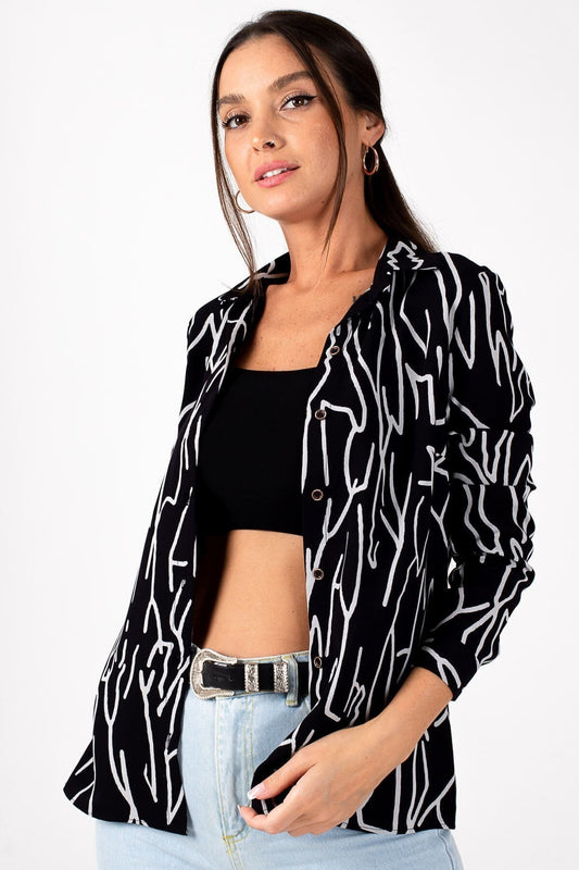 armonika Women's Gray LINE PATTERN LONG SLEEVE SHIRT Women