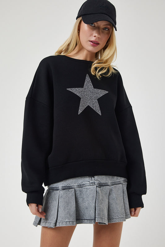 Happiness İstanbul Women's Black Star Embroidered Raised Knitted Sweatshirt Women