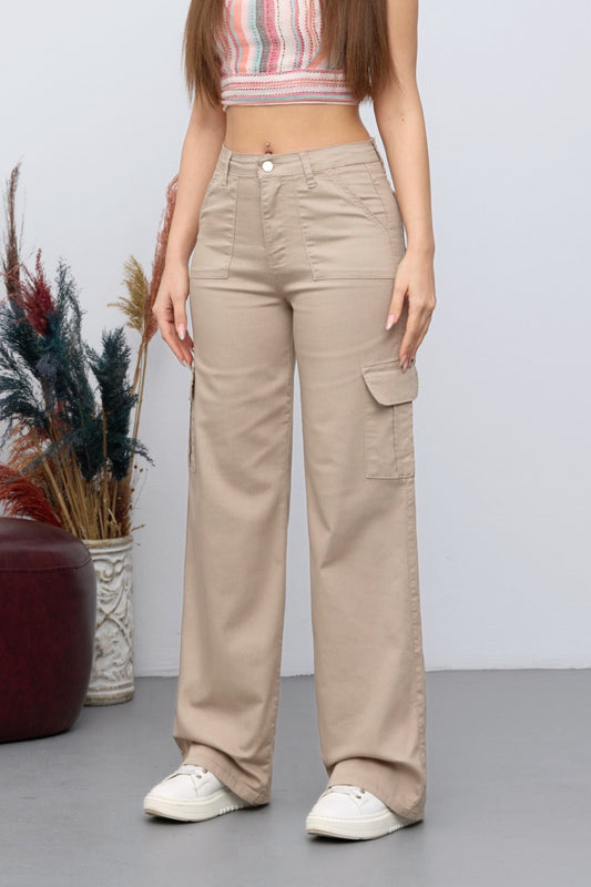 BİKELİFE Beige Cargo Pocket Lycra High Waist Wide Leg Trousers Women