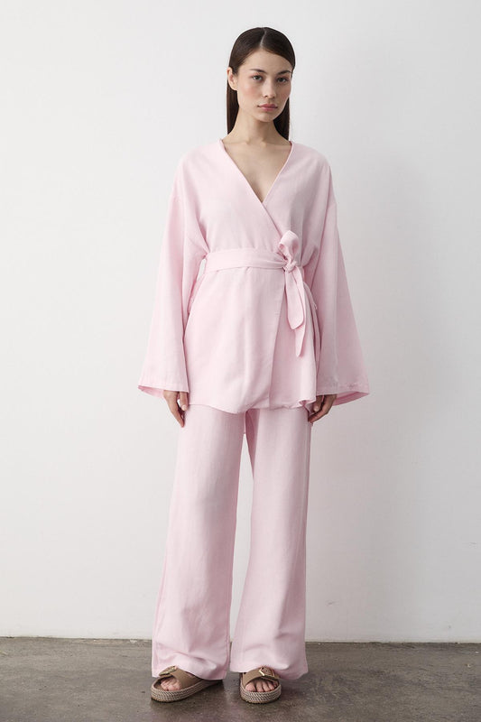 Laluvia Pink Cotton Kimono Wide Leg Pants Set Women