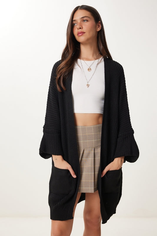 Happiness İstanbul Women's Black Oversize Long Pocket Knit Cardigan Women