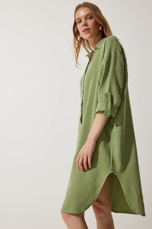 Happiness İstanbul Women's Green Oversize Muslin Shirt Dress Light Green Women