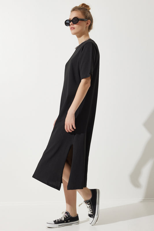 Happiness İstanbul Women's Black Crew Neck Loose Comfortable Combed Cotton Dress Women