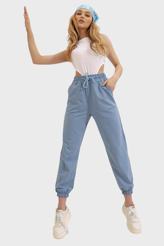 Trend Alaçatı Stili Women's Sky Blue Two Thread Sweatpants with Elastic Legs ALC Women