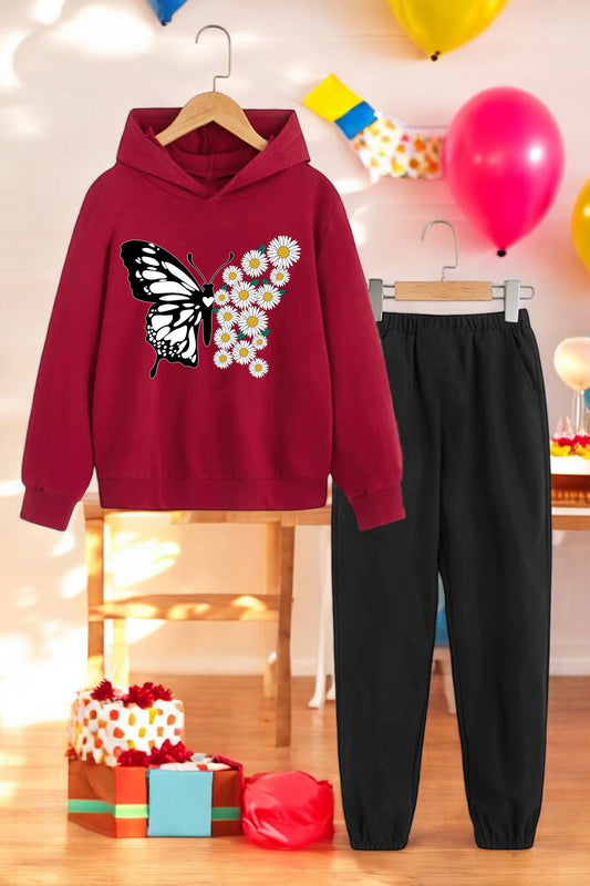 uyguntarz Daisy Butterfly Printed Children's Comfortable Tracksuit Set Red Unisex