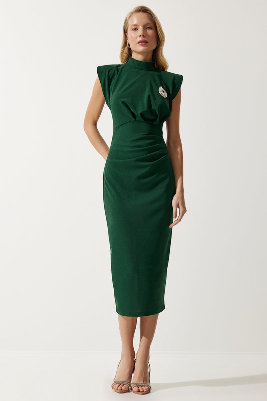 Happiness İstanbul Women's Emerald Green Stylish Brooched Drawstring Wrap Knitted Dress Women