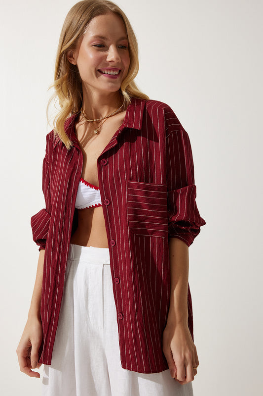 Happiness İstanbul Women's Burgundy Striped Viscose Shirt with Pockets Women