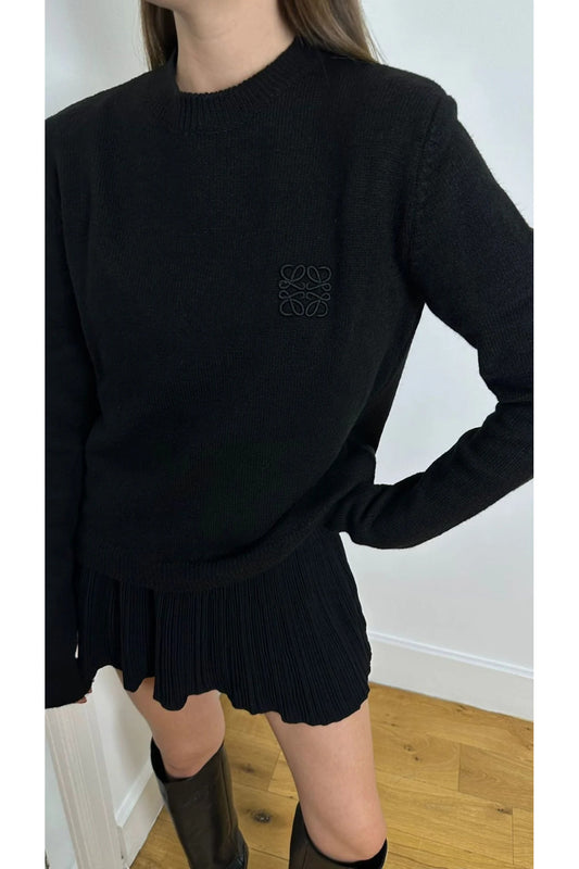 Laluvia Black Crew Neck Square Embroidered Knitwear Sweater Women