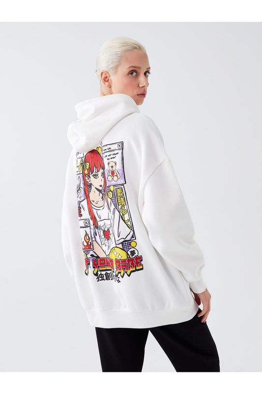 LC Waikiki Long Sleeve Printed Oversize Women's Hoodie Ecru Women