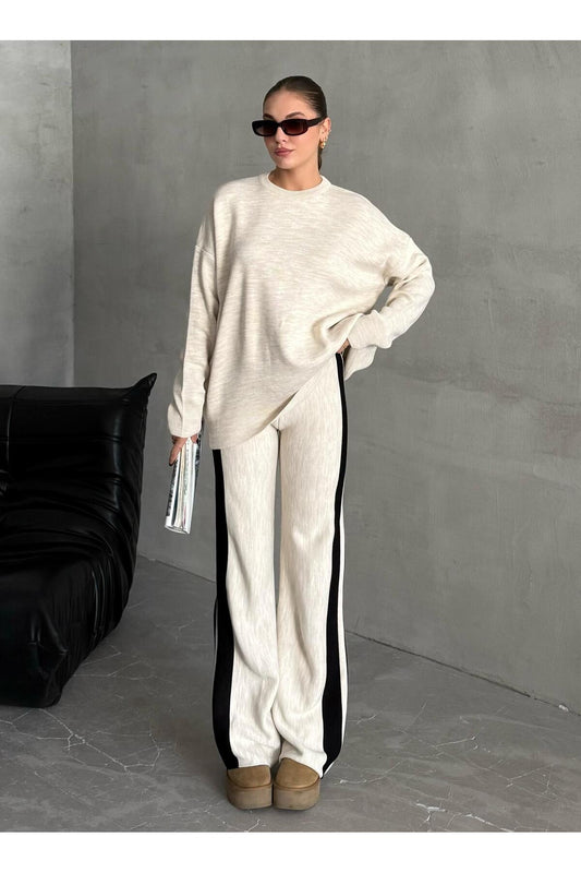 Laluvia Helga Stone Trousers Striped Knitwear Set Women