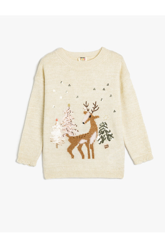 Koton Sequined Deer Embroidered Long Sleeve Knitwear Sweater Ecru Women