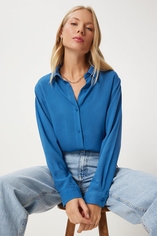 Happiness İstanbul Indigo Blue Viscose Women's Shirt - Comfortable Fit Women