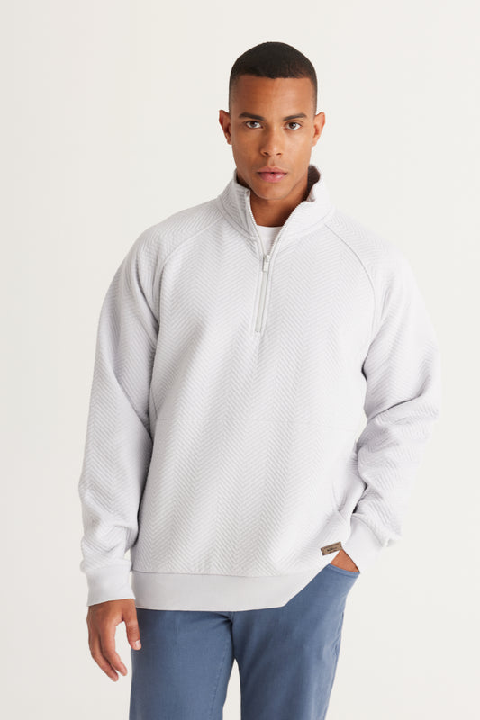 AC&Co - Altınyıldız Classics Light Gray Loose Fit Stand Collar Fleece Lined 3 Thread Patterned Sweatshirt Men