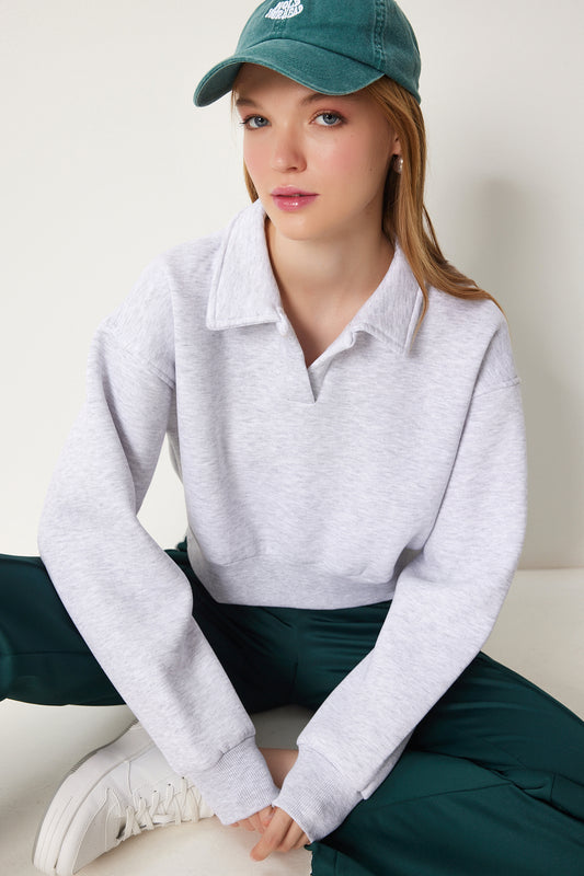 Happiness İstanbul Women's Gray Polo Collar Raised Crop Knitted Sweatshirt Women