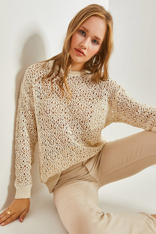 Bianco Lucci Women's Openwork Stone Embroidered Knitwear Sweater Beige Women
