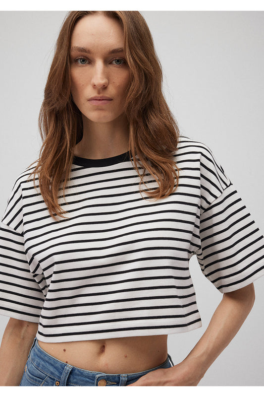 Mavi Black Striped Short Cut Crop T-shirt Women