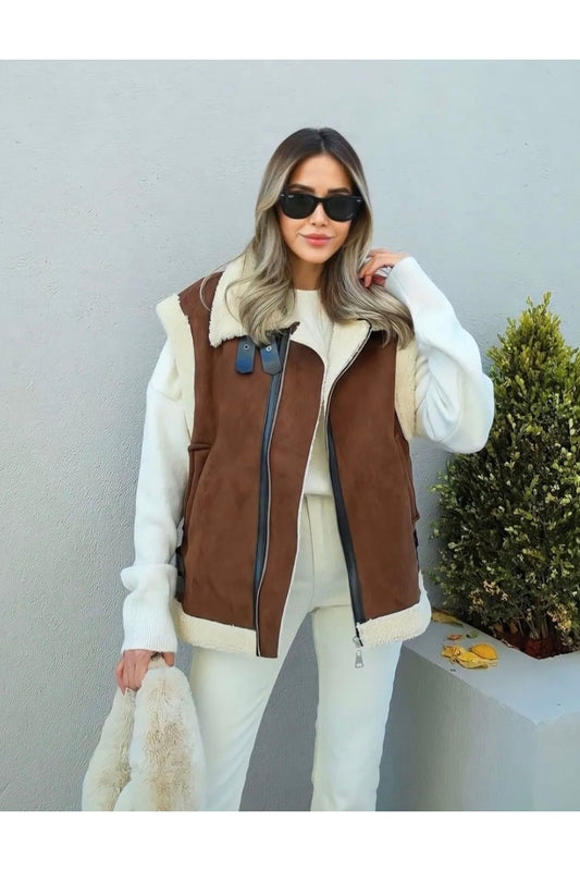 zennube My Bella Boutique Brown Belt Detailed Nubuck Vest Beige Women