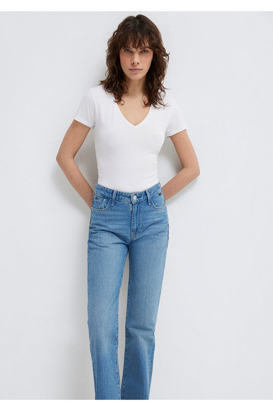 Mavi White V-Neck Stretch T-Shirt - Fitted Women