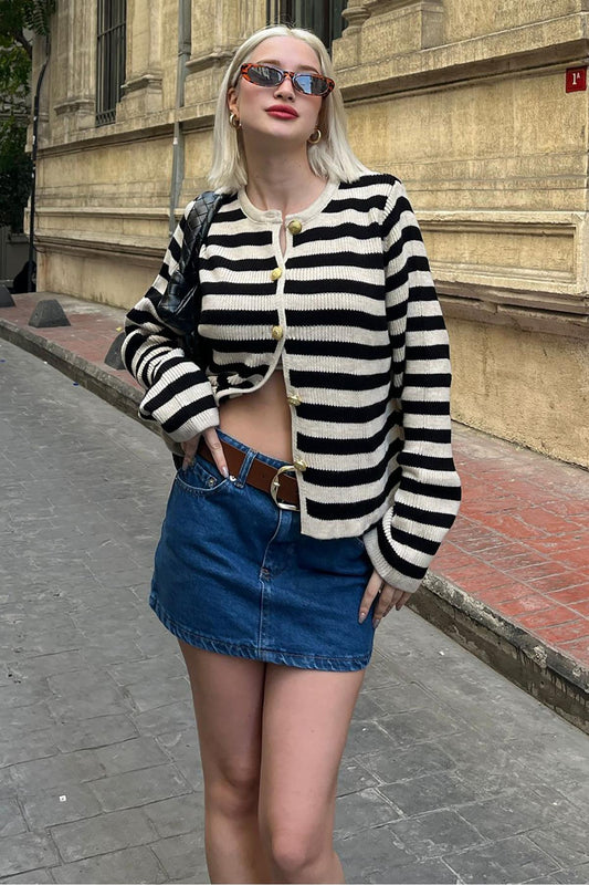 Madmext Beige Striped Crew Neck Gold Button Detailed Cotton Cardigan Women