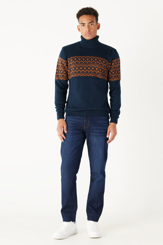 AC&Co - Altınyıldız Classics Navy Blue-Tile Standard Fit Regular Cut Turtleneck Zigzag Patterned Knitwear Sweater Navy Tile Men