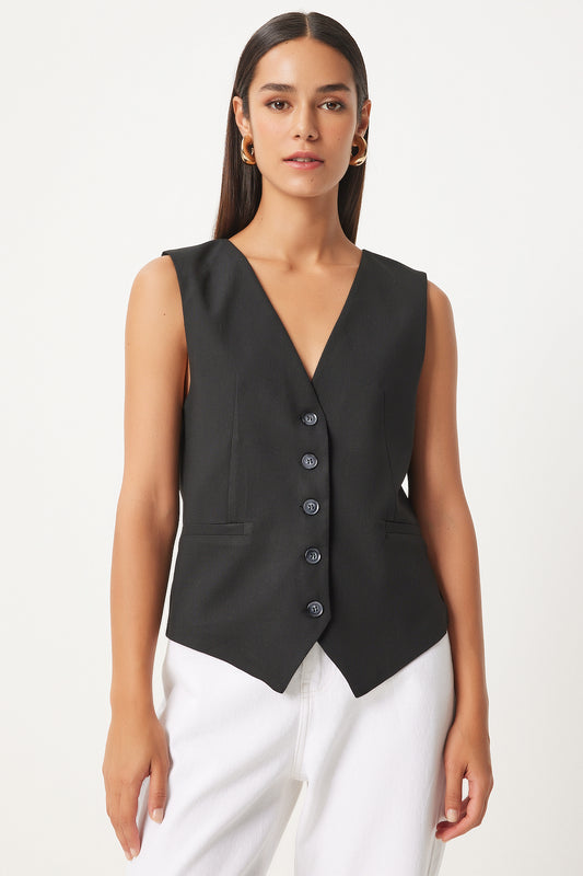 Happiness İstanbul Viscose Women's Vest - Black V-Neck, Women