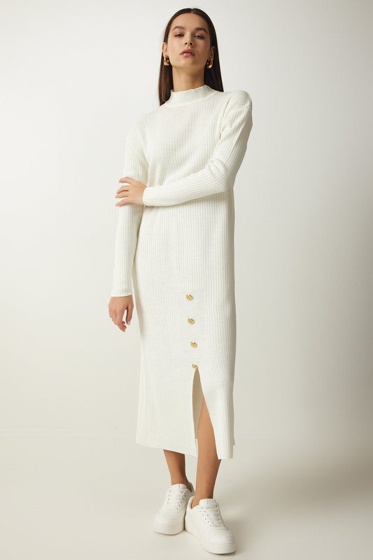 Happiness İstanbul Women's Ecru Button Detailed Corduroy Knitwear Dress Women