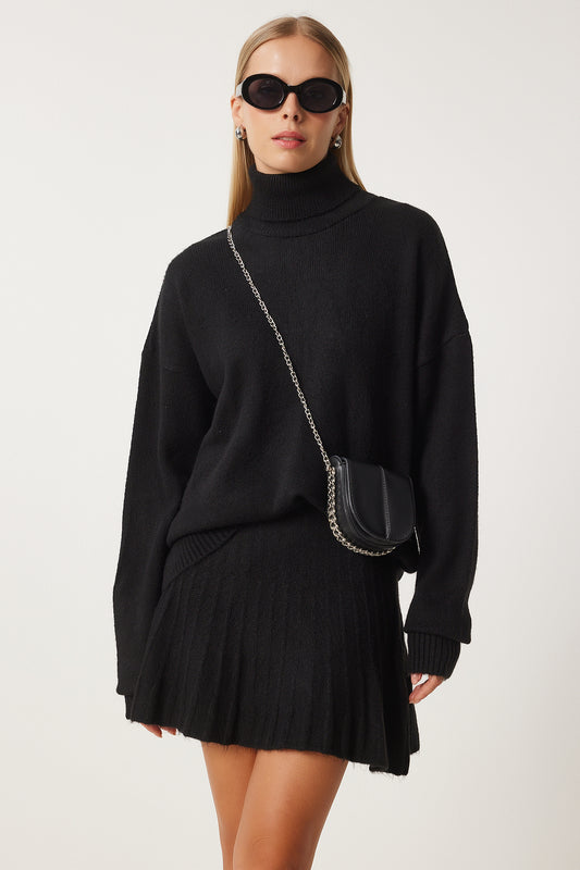 Happiness İstanbul Women's Black Turtleneck Knitwear Sweater Skirt Set Women