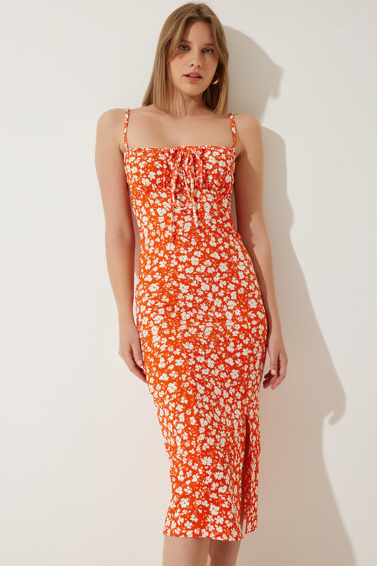 Happiness İstanbul Women's Orange Floral Slit Summer Knitted Dress Women