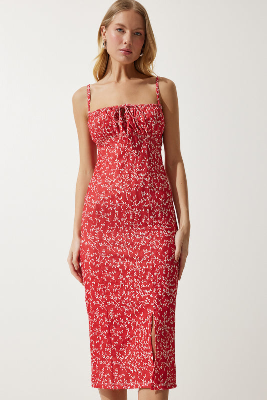 Happiness İstanbul Women's Red and White Floral Slit Summer Knitted Dress Women