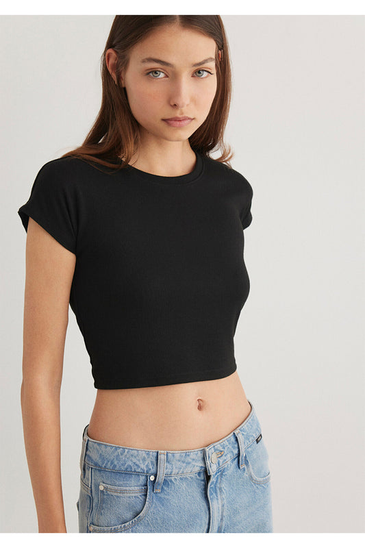 Mavi Black Striped Basic T-Shirt Crop - Short Cut Women