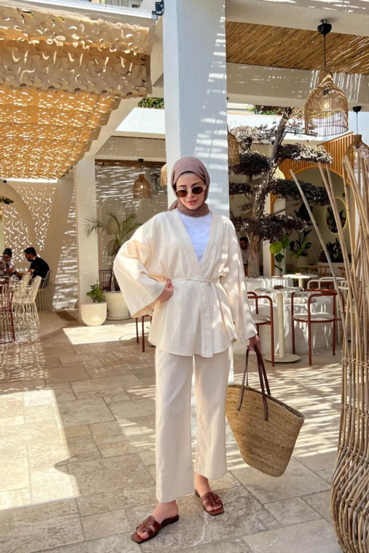 My Blog 100% Cotton Stone Detailed Side Tie Linen Fabric Kimono Set Women