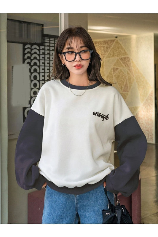 Know Women's 3 Thread White Enough Printed Smoked Sleeve Detail Oversize Sweatshirt Women