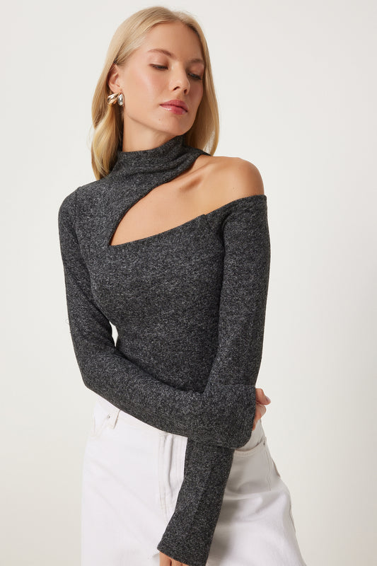 Happiness İstanbul Anthracite Colored Women's KnittedBody-CutOut Detail, Women