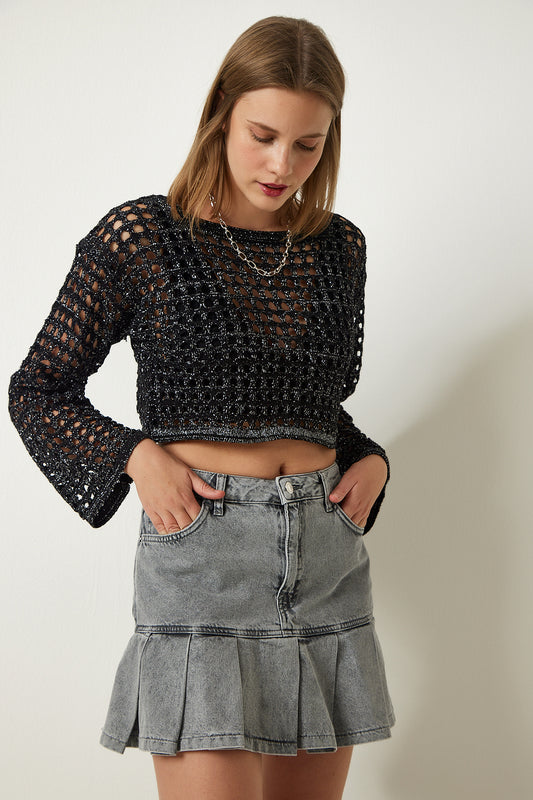 Happiness İstanbul Woman's Black Curved Sparkly Crop Knitwear Sweater Women
