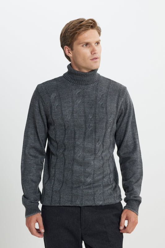 AC&Co - Altınyıldız Classics Anthracite-Melange Standard Fit Regular Cut Full Turtleneck Jacquard Knitwear Sweater Men