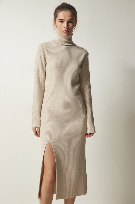 Happiness İstanbul Women's Beige Turtleneck Slit Knitwear Dress Women