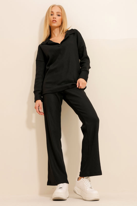Trend Alaçatı Stili Women's Black Polo Collar Top and Palazzon Trousers Knitwear Bottom Top Set Women
