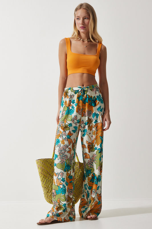 Happiness İstanbul Women's Ecru Turquoise Patterned Flowing Viscose Palazzo Trousers Women