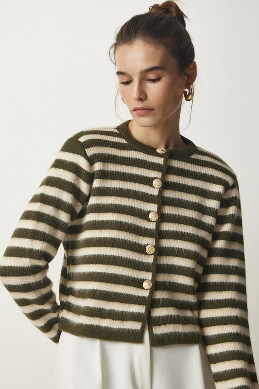 Happiness İstanbul Women's Khaki Metal Button Detailed Striped Knitwear Cardigan Women