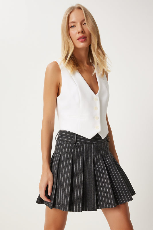 Happiness İstanbul Anthracite Thin Striped Pleated Women's Mini Skirt Women