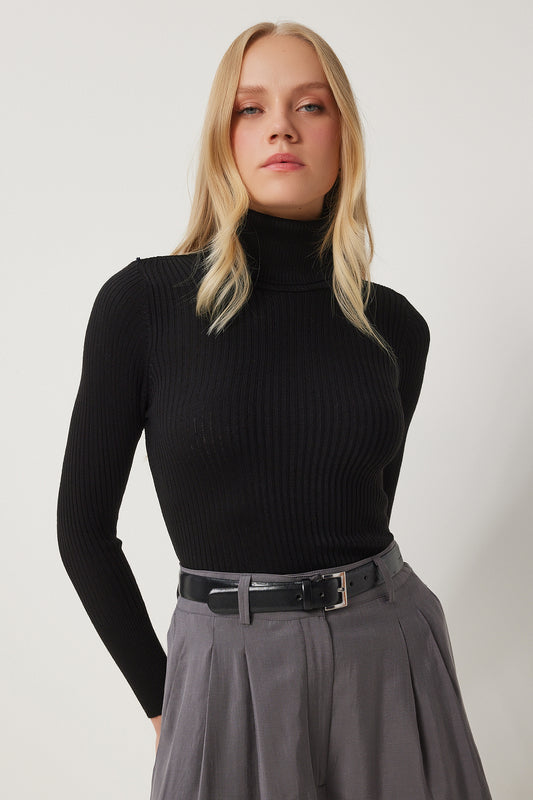 Happiness İstanbul Women's Black High-Rise Ribbed Lycra Sweater Women