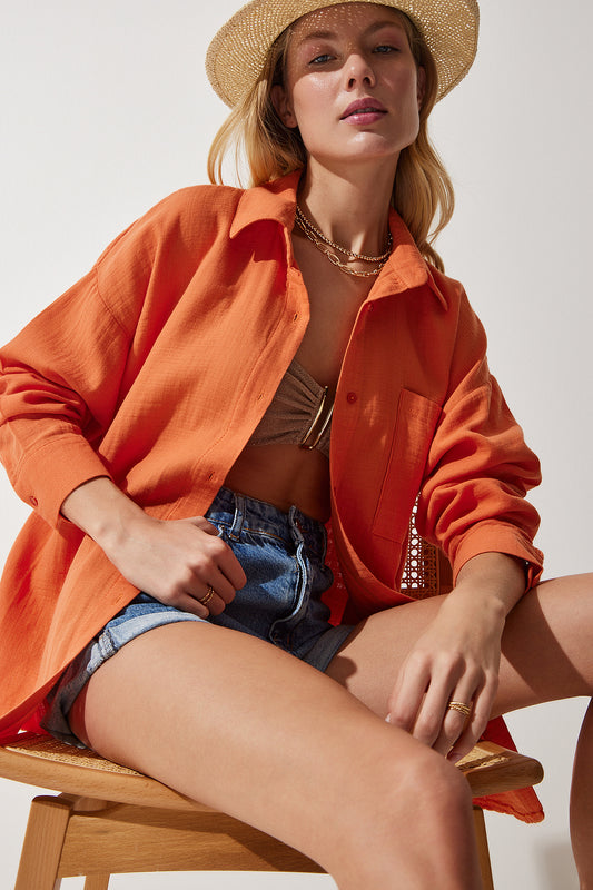 Happiness İstanbul Women's Orange Oversize Muslin Shirt with Pockets Women