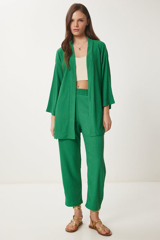 Happiness İstanbul Women's Green Kimono Trousers Knitted Set Women