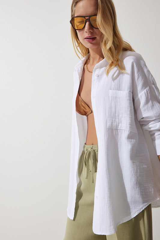 Happiness İstanbul Women's White Oversize Muslin Shirt with Pockets Women