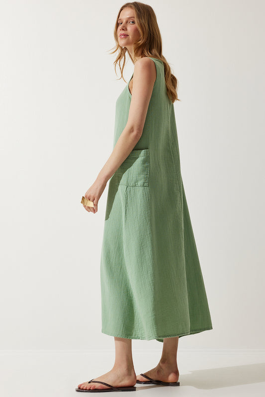 Happiness İstanbul Women's Green Wide Pocket Summer Muslin Dress Light Green Women
