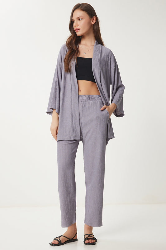 Happiness İstanbul Women's Stone Gray Kimono Pants Knitted Set Stone Grey Women