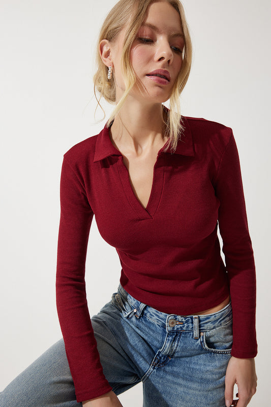Happiness İstanbul Women's Burgundy Polo Neck Corded Knitted Blouse Women