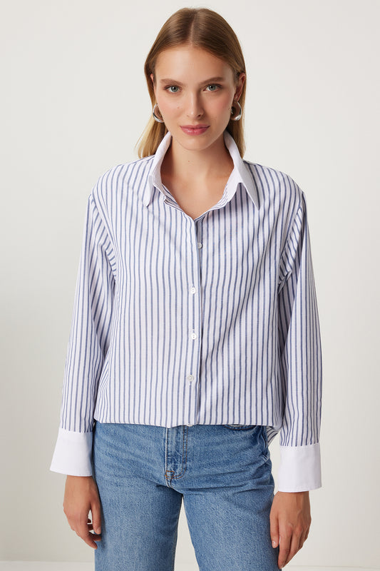 Happiness İstanbul White and Gray Contrasted Striped Oversize Women's Shirt White Grey Women